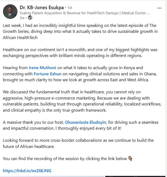 LinkedIn post from Dr. KB-Jones Esukpa about speaking on the healthtech episode